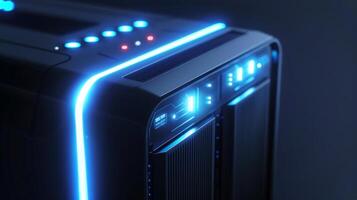 A sleek computer tower featuring glowing blue LEDs is prominently displayed against a dark backdrop. The design highlights its advanced technology and enhanced gaming performance. photo