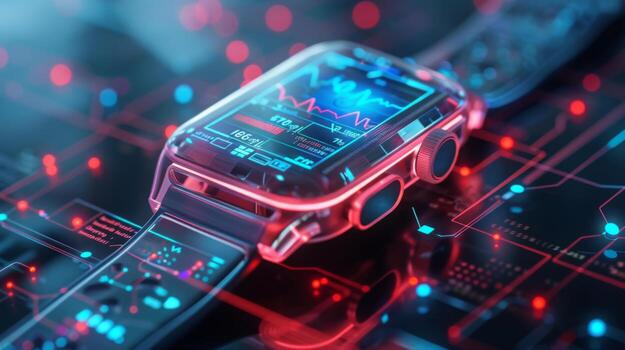 A futuristic smartwatch showcases vibrant health metrics and heart rate data on a glowing digital interface in a dimly lit environment, highlighting advanced technology. photo