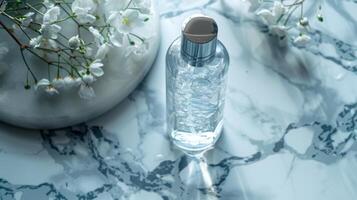 A clear glass bottle containing liquid is positioned on a marble surface. Nearby, a delicate arrangement of white flowers in a vase adds elegance to the setting under bright light. photo