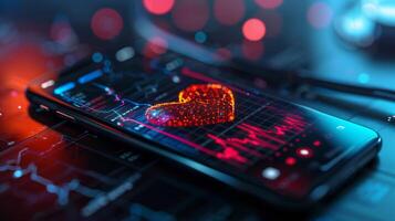 A smartphone showcases a vibrant heart rate monitor on its screen, surrounded by colorful glowing lights in a dimly lit setting, indicating health tracking activity. photo