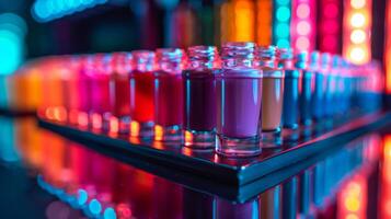 A display of various nail polish bottles showcases an array of colors illuminated by neon lights in a beauty salon setting, creating a lively, inviting atmosphere. photo