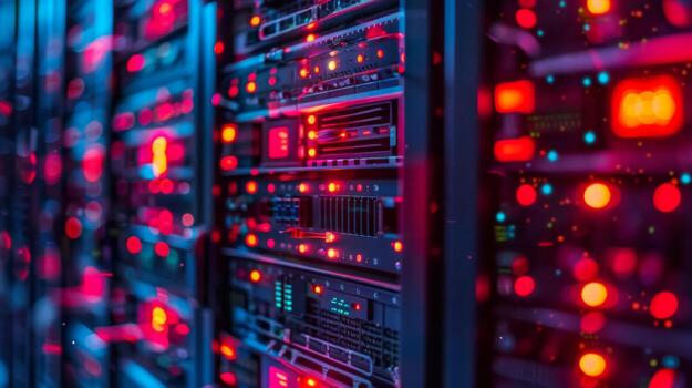 A vibrant data center features illuminated server racks, displaying a mix of red and blue lights against a dark backdrop, illustrating advanced technology and networking systems at work. photo