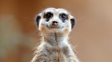 A meerkat stands upright, curiously observing its surroundings in a natural habitat, showcasing its expressive features. Bright daylight highlights its fur. photo