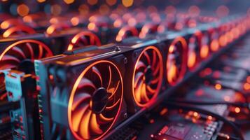 Rows of advanced graphics processing units with glowing red fans are arranged in a dimly lit environment, illustrating the power and innovation in gaming and computing hardware. photo