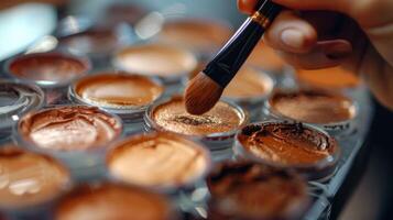 A hand gently holds a brush, dipping into a shimmering makeup palette filled with various rich and warm hues. This moment captures the essence of artistic expression in beauty. photo
