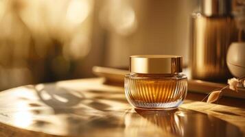 A beautifully crafted glass jar with a golden lid rests on a smooth wooden table, bathed in warm sunlight that highlights its curves, creating a tranquil atmosphere. photo