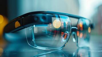 Glimmering smart glasses placed on a reflective table, capturing the colorful city lights and showcasing modern design with high tech features as day transitions to night. photo