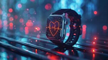 Sleek smartwatch showcases a vibrant heart rate monitor against a backdrop of mesmerizing bokeh lights in a contemporary environment, highlighting its advanced health features. photo