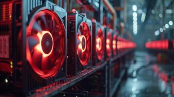 Multiple computers with red lighting are actively working in a cryptocurrency mining facility, showcasing an organized, high tech setup in a dimly lit environment. photo
