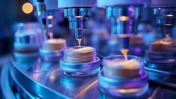 Automated machines fill transparent jars with a thick cream like substance, in a brightly lit factory setting under blue and purple lighting during evening hours. photo