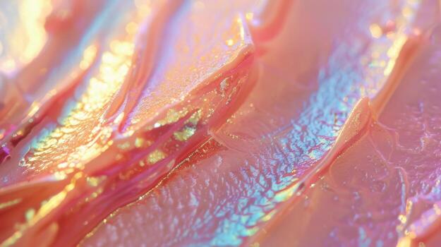 Light refracts through delicate water droplets, creating a shimmering effect on a glossy surface, showcasing a blend of pastel colors and textures in a tranquil environment. photo