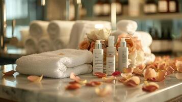 Soft white towels are neatly arranged beside skincare products on a marble surface, adorned with rose petals and delicate flowers, creating a tranquil spa atmosphere. photo