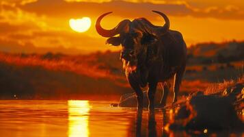 A buffalo peacefully wades through calm waters as the sun sets, casting a golden glow over the serene landscape and creating a captivating atmosphere. photo