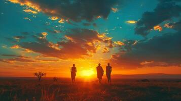 Three figures stroll through an expansive savannah as the sun sets, casting warm hues of orange and gold across the sky. The atmosphere is serene and tranquil. photo