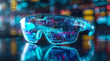 Smart glasses with a transparent display are placed on a sleek surface, displaying vibrant digital information and graphs, highlighting innovation in wearable technology. photo