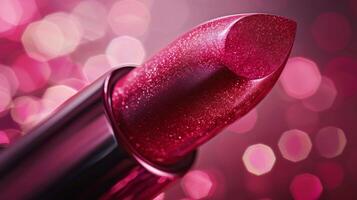 Vibrant pink lipstick with glittery finish is showcased against a soft, blurred background filled with light reflections, creating a glamorous beauty atmosphere. photo