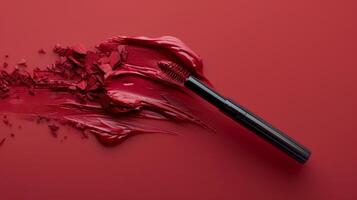 Vibrant red lip product and applicator are arranged artistically on a matching red surface, highlighting the textures and colors of makeup, ideal for beauty enthusiasts and professionals. photo
