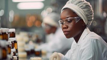 A laboratory technician in protective gear carefully examines samples in a pharmaceutical environment filled with jars and equipment. The technician focuses intently while working. photo