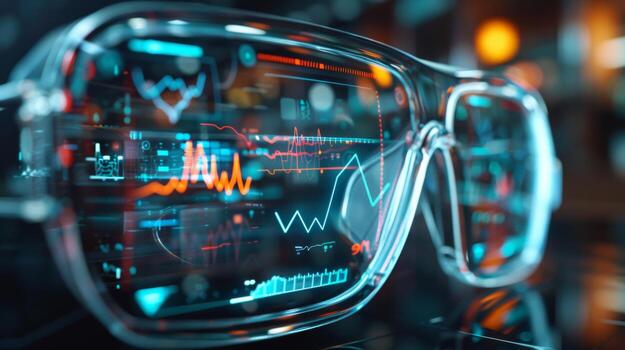 High tech smart glasses showcase real time data and analytics in a vibrant urban environment at night, highlighting cutting edge technology and digital displays. photo