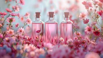 Three elegant glass bottles containing pink liquid stand amongst a vibrant array of flowers in a garden during early morning light, creating a serene atmosphere. photo
