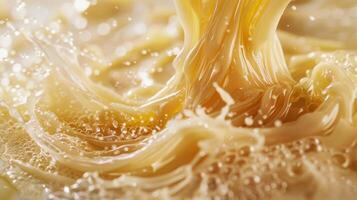 Warm droplets of golden liquid cascade together, creating engaging patterns and ripples on a smooth surface under soft afternoon sunlight, highlighting the flowing nature of the substance. photo