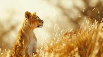 A lioness sits gracefully among tall, golden grass while observing her surroundings. The warm tones of the sunset create a serene atmosphere in the savannah. photo