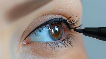 A detailed view of a person's eye as eyeliner is being applied, showcasing the intricate process of enhancing eye makeup with precision. photo