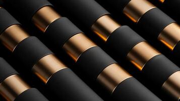 Sleek black tubes with gold accents are lined up in a symmetrical pattern, showcasing elegance and sophistication in a contemporary interior environment. photo