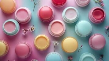 Vibrant lip balms in various colors are displayed artistically atop a pastel background, accented with delicate seasonal flowers, creating a cheerful and inviting atmosphere. photo
