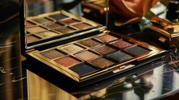 A beautifully arranged eyeshadow palette features a variety of shades including glitter and matte colors. Surrounding elements include a rose and makeup accessories on a glossy surface. photo