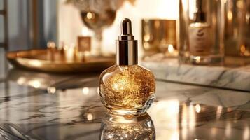 A golden serum bottle sits prominently on a marble table, illuminated by warm ambient lighting. Decorative elements enhance the sophisticated and elegant ambiance of the setting. photo