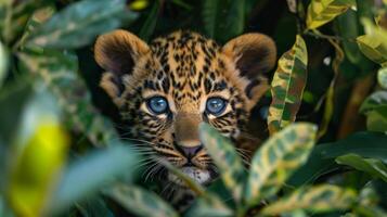 A young leopard cub observes its surroundings from within thick foliage, its striking blue eyes capturing the light. The vibrant green leaves create a serene backdrop for this moment in the wild. photo