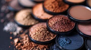 Different types of makeup powders are spread out on a dark surface, displaying an array of rich colors and fine textures. photo