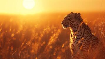 Leopard sits gracefully amid tall golden grass as the sun sets, casting a warm glow on the landscape and creating a serene atmosphere in the African savanna. photo