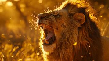A powerful lion is roaring against the backdrop of a golden sunset in the African savannah, its mane illuminated and the air filled with dust and light. photo