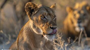 A lioness enjoys a moment of quiet in the early morning light, licking its lips, while another lion remains in the background, both surrounded by the savannah landscape. photo