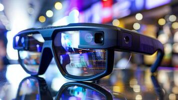 Innovative smart glasses are displayed in a lively retail environment filled with colorful lighting and digital screens, emphasizing their advanced features and modern design. photo