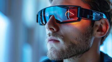 A person with facial hair wears futuristic glasses displaying vibrant lights in an urban setting. The glow reflects modern technology against a soft background. photo