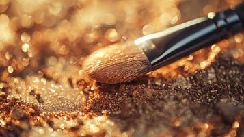 A makeup brush rests on glimmering golden eyeshadow surrounded by a warm, luminous atmosphere. The glitter reflects light, creating a captivating effect. photo