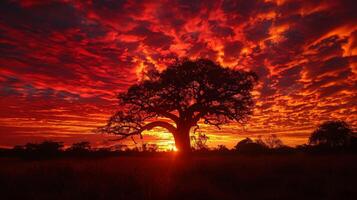 A vibrant orange and red sunset paints the sky behind a large, silhouetted tree, casting a striking profile against the colorful clouds in an African landscape at dusk. photo