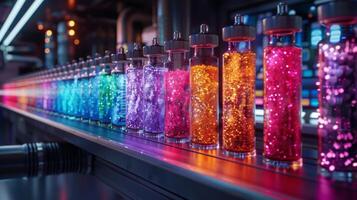 A line of glass vials, filled with sparkling liquids in various colors, shines brightly under the glow of vibrant lights in a modern laboratory setting. photo