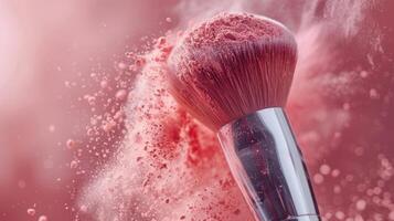 A makeup brush sweeps through fine blush powder, producing a gentle burst of color that fills the air with a soft pink cloud, creating a dreamy aesthetic in a beauty focused environment. photo
