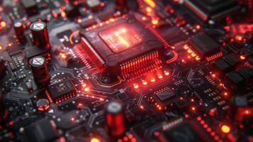 A close up view reveals a complex circuit board illuminated by red lights, with various electronic components interconnected, exemplifying modern engineering and technology. photo