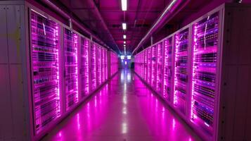 Rows of servers line the hallway of a modern data center, where vibrant pink lights create a futuristic atmosphere. The environment reflects advanced technology in data management. photo