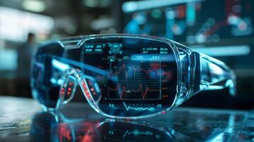 Smart glasses showcase real time health metrics, graphs, and data analytics during a technology research event in a modern laboratory environment focused on innovations. photo