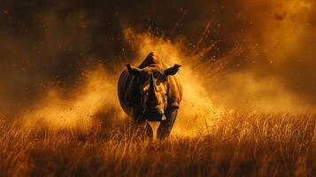 A powerful rhinoceros charges forward in a dramatic display, surrounded by golden grasses and a swirling dust cloud, illuminated by the warm light of sunset. photo