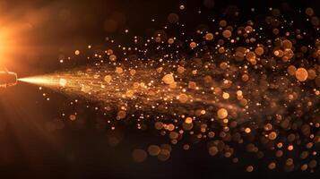 A stream of golden particles is released in a dark environment, creating a captivating effect as light rays highlight the sparkling mist during an art performance. photo