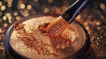 A brush swirls through a glistening bronzer, stirring up shimmer against a dark, sparkling backdrop, enhancing beauty with its glowing effect during a makeup application. photo