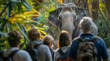 Guests stand in awe, observing a majestic elephant surrounded by vibrant foliage during a guided wildlife experience in the warm afternoon light. photo
