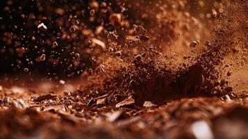 Fine cocoa dust is captured mid air in a culinary setting, as chocolate pieces break apart during a baking session, showcasing the artistry of dessert preparation. photo